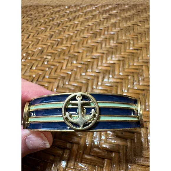 Vintage 80's Open Cuff Nautical Bracelet Gold Tone And Bluem Enamel - Picture 10 of 12